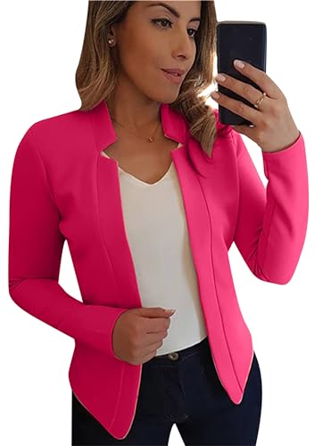 YMING Femmes Cardigan sans Bouton Bureau Travail Veste De Costume Couleur Unie Blazer Léger Rose Rouge L