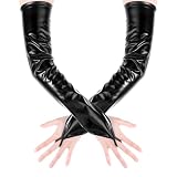 HaiFafafaing Metallic Gloves Black Fingerless Wet Look Long Gloves Sexy For Stage Cosplay Night Club Halloween Party Costume (Black)