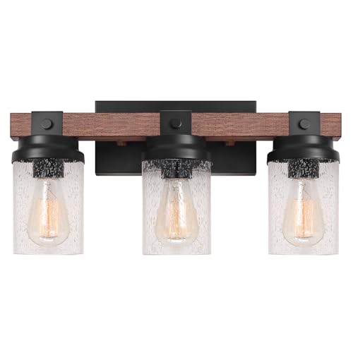 Farmhouse Vanity Light Fixtures, 3-Light Rustic Bathroom Lights Over Mirror with Pretty Glass Shade, Industrial Black Metal Wood Wall Decor Sconces for Living Room Hallway Stairway UL-Listed