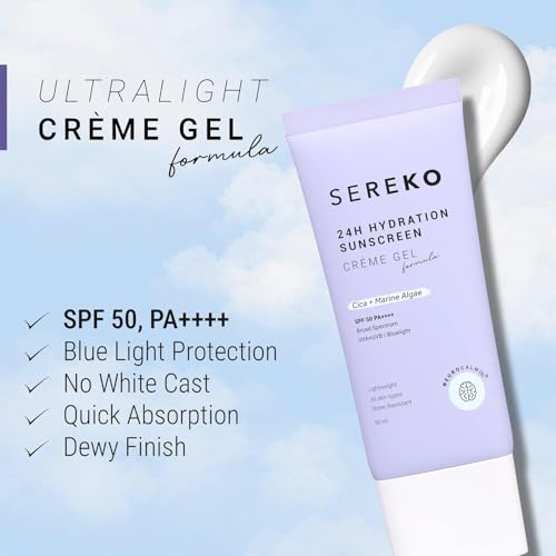 Generic SE-REKO Sunscreen SPF 50 PA++++ Crème Gel | Zero White Cast, UVA/UVB + Blue Light Protection | Quick Absorbing Non-Greasy, 24H Hydration | Face & Neck, All Skin Types | 50ml