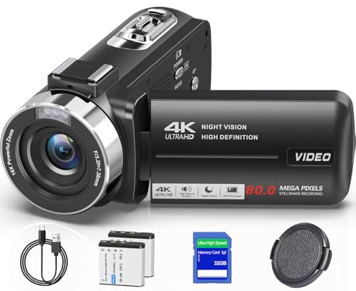 4K Camcorder Video Camera HD 80MP IR Night Vision Vlogging Camera for YouTube 18X Digital Zoom Camera Autofocus 3.0" 270°Rotation IPS Screen Video Recorder with 32GB SD Card, Lens Cap and 2 Batteries