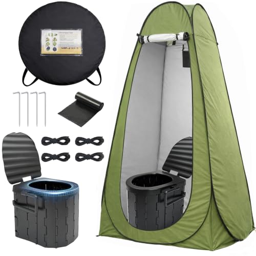 Portable Camping Toilet with Privacy Tent - Foldable Toilet Set for Adults and Elderly - Pop Up Outdoor Restroom for Travel (Green Tent with Toilet)