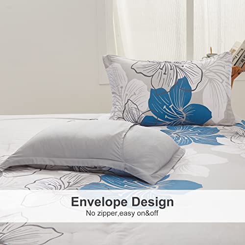 Menghomeus Floral Comforter Set Queen - 3 Piece Blue Floral Pattern Printed On Grey - Ultra Soft Microfiber Bedding Set Lightweight Boho Bed Comforter Set For All Season (1 Comforter, 2 Pillowcases) #TOP3