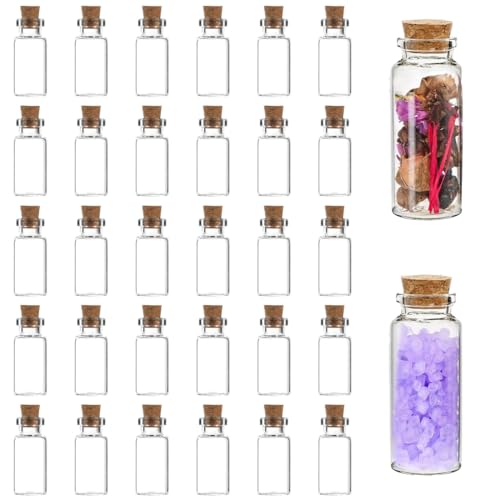 VAEIORP Lot de 30 tubes à essai en verre avec bouchons en liège, petites bouteilles rechargeables pour projets DIY, décorations créatives, mariages, Halloween (3 ml)