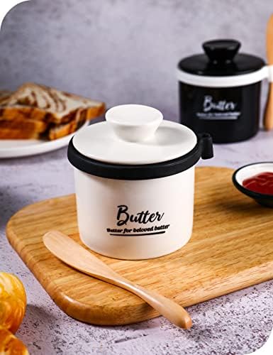 AISBUGUR Ceramic Butter Crock with Knife and Perfect Silicone Seal French Butter Dish with Lid for Countertop Porcelain Butter Keeper with Water Line for Soft Butter Good Kitchen Gift, White