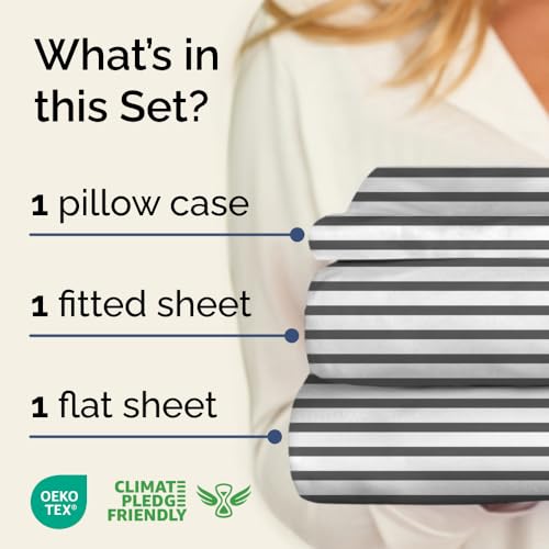 Image of Twin XL 3 Piece Striped Sheet Set - Breathable & Cooling - Black Pinstripe