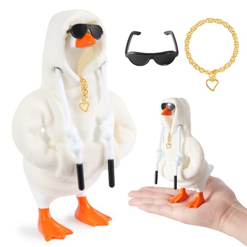 linastu 6 Set 7inch Desk Goose Outfits, Mini Desktop Goose Clothes Desk Goose Accessories Set for Magnetic Goose Statue (White Hoodie+ Sunglasses+ Necklace)