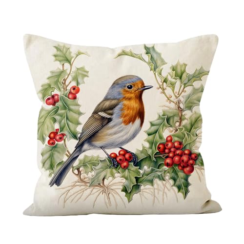 Robin Cushion - Christmas Cushion Covers 45x45, Christmas Robin Decorations,Single Set of Linen Christmas Bird Cushion with Red Fruit and Leaf Print for Holiday Sofa Living Room Decor (No Pillow Core