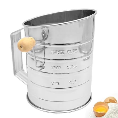 3-Cup Flour Sifter, Stainless Steel Hand Crank Sifter, Fine Mesh Sieve Powdered Sugar Shaker Baking Tool for Icing Sugar Cake Flour (Silver)