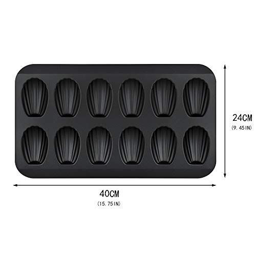 SJENERT 2 Pack Nonstick Madeleine Pan, 12 Cavity Shell Shape Carbon Steel Baking Cake Mold Pan Oven Baking(2 Pack Black)