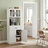 VASAGLE Tall Kitchen Pantry Cupboard, Freestanding Kitchen Storage Cabinet, Storage Unit, with Glass Doors and Adjustable Shelves, Drawer, Cable Hole, for Microwave, Modern Style, White LSC361W21 - Image 4