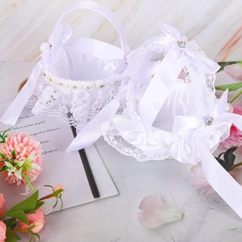 Gukasxi 2Pcs White Flower Girl Basket with Bows for Wedding, 2 Style Small Wedding Flower Girl Basket, Mini Portable Baskets, for Romantic Wedding Party Decoration
