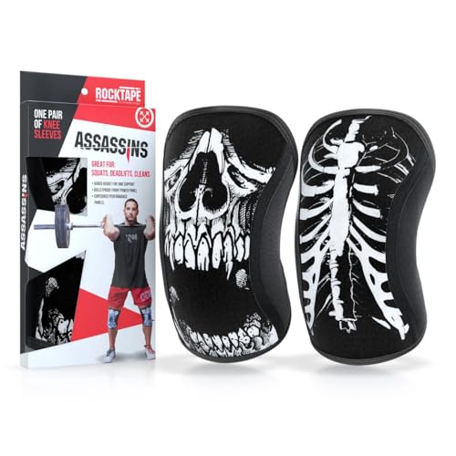 RockTape Assassins Knee Sleeves 7mm–Neopren-Schienbeinschoner für Moderate Unterstützung,Kompression & Wärme–Atmungsaktives 4-Wege-Lycra-Futter–Ideal für Lifting & Squats,Totenkopf-Muster,Klein