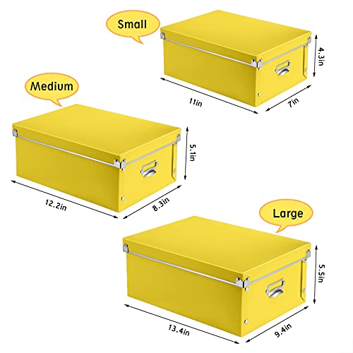 SEEKIND storage box with Lids,3 in 1 Set,Plastic,with Handles,Press-Stud Fastening,Moisture-proof,Foldable for Space Saving Storage,for Clothes,DVD,Blankets (Yellow) …