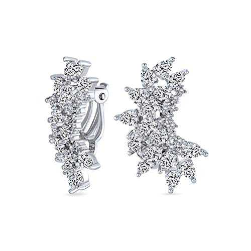 Elegant Classic Bridal Marquise Teardrop Ear Crawler Clusters Cubic Zirconia AAA CZ Leaf Clip On Earrings For Women Wedding Prom Formal Party Silver Plated
