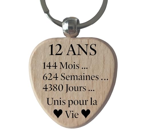 Porte-Clés Cœur en Bois Gravé et Personnalisé – Cadeau 12 Ans de Mariage Anniversaire de Mariage Noces de Soie Porte Clef Unique pour Cadeau 12 Ans de Couple
