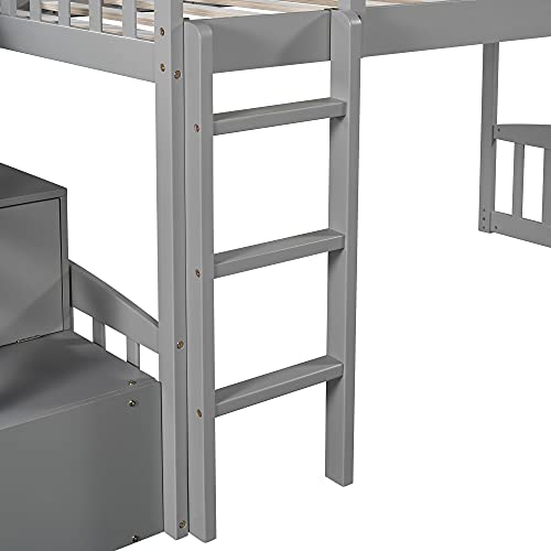 Twin Loft Bed With Slide, Wooden Low Loft Bed With Stairs And Storage For Kids Girls Boys Teens - Gray #TOP4