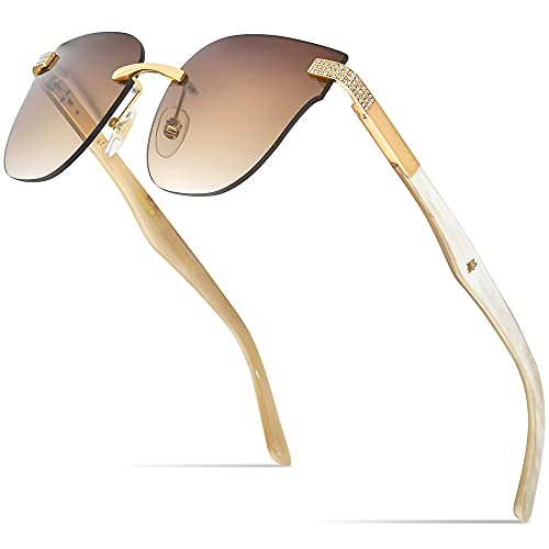 HEPIDEM 100% Really Buffalo Horn Handmade Sun Glasses for Women,Square Rimless Luxury Buffs Sunglasses With Diamonds