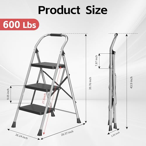 Step Ladder Foldable Folding Stool - for Home Adults Kitchen 3 Stepping Extension Tall Heavy Duty with Handrails - Closet Stepstool Stair Ladders Extendable Stepladder for Indoor House 600Lbs by DIAMONDFORGE - Image 6
