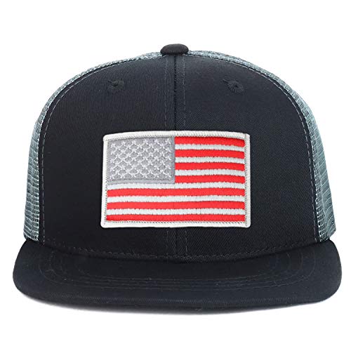 Armycrew Youth Kid's Red Grey American Flag Patch Flat Bill Snapback Trucker Cap - Black Grey #TOP10