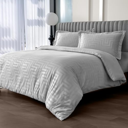 Image of Velosso Sateen Touch Double Duvet Cover Set, Greek Style Scroll Design, Hotel Quality 3 Piece Bedding Set with 2 Oxford Pillowcases, Button Closure (Grey, Double)