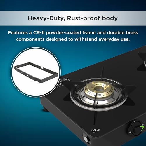 Image of Butterfly Bleu Ray 2 Burner Glass Top Gas Stove | Removable Drip Tray | Brass Burner Gas Stove with Tri‑Flow Jumbo Burner
