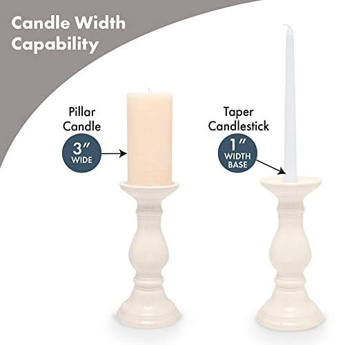 Bonita Home 9" Candle Holder Set | Ceramic Candle Stick Holder - Pillar Or Taper Candles | Set Of 2 | For Farmhouse, Rustic, Traditional Décor | White #TOP4