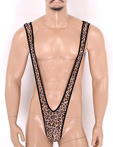 Hularka Men's High Cut Thong One-Piece Bodysuit Swimsuit Bathing Suit Mankini Underwear Lingerie Leopard Print Medium #TOP3