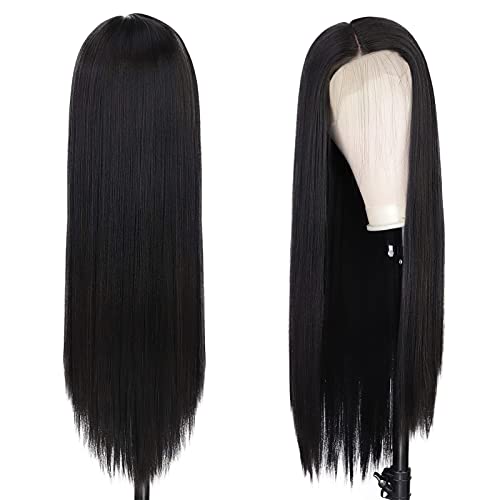Entranced Styles Black Lace Front Wigs For Women Long Straight Wig Middle Part Glueless Lace Wigs 13X4 Frontal Wig Heat Resistant Synthetic Wig Wig Daily Party Ues 28 Inches #TOP3