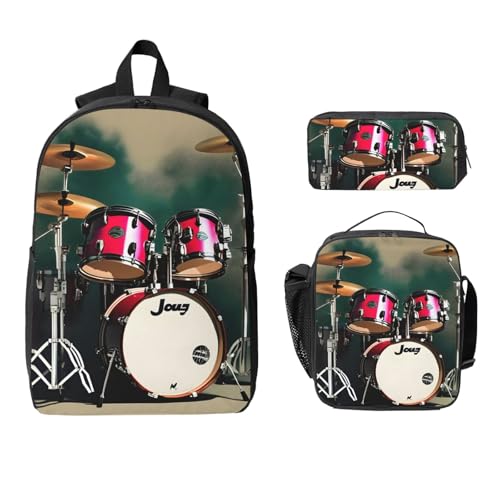 Jazz drum print Backpack Bookbag for Daily Use,3 Pcs Backpack Set with Lunch Box and Pencil Case2