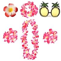 5-Teiliges Set Hawaii Outfit Damen mit Blumenkranz, Blumenhaarband, Blumenarmbandes, Blütenkopfes & Ananas-Sonnenbrille – Perfekt für Strandpartys, Sommerfeste & Karneval