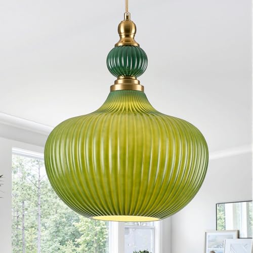 Green Milk Glass Pendant Light, Vintage Brass Ribbed Glass Light Fixture