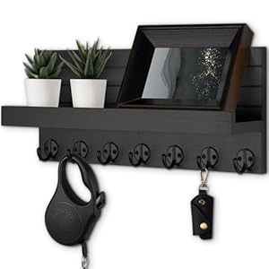 Lwenki Key Holder Wall Mount, Entryway Key and Mail Holder with 7 Sturdy Hooks for Sunglasses, Dog Leash, Decorative Wall Shelf with Mounting Hardware, 15”W x 6.7”H x 4.2”D