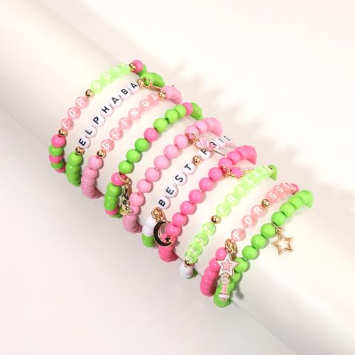 Pink Green Witch Bracelets Crown Witch Hat Friendship Matching Bracelets Stacking Beaded Stretch Bracelet for Glinda Elphaba Movie Fans Gifts2