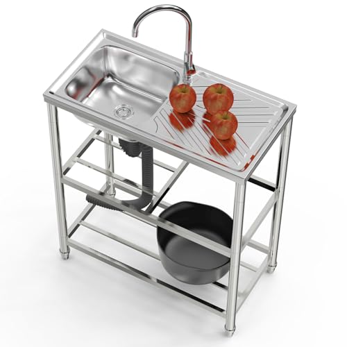Freestanding Stainless Steel Sink Outdoor Garden Sink 1 Basin 100x82x50cm Multifunctional Kitchen Sink Commercial Sink Single Bowl with Faucet and Storage Shelves with Workbench and Drainer Unit