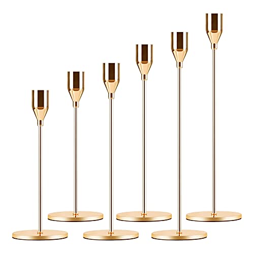 Candle Holder 6 in 1 Set Candlestick Holders Fits 3/4 inch Thick Taper Candle&Led Candles for Wedding,Dining,Party,Home Decoration(6, Gold)