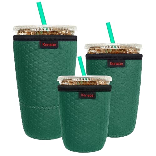 KENOBE Neoprene Insulator Sleeve for Iced Coffee Cups, 3 Pack, Green