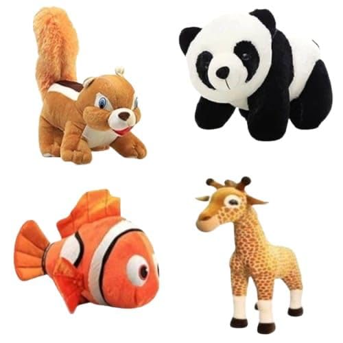 Image of Pack of 4 Elegant Soft Animals Stuffed Plush Fur Soft Toys Combo Set for Kids /Childrens /Boys /Girls Playing Birthday Gift Squirrel, Panda, Fish, Giraffe