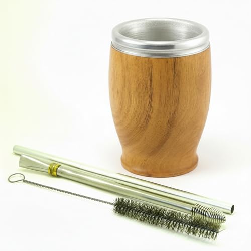 BONMATEI Yerba Mate Cup – Stainless Steel Double-Wall Vacuum Insulated Mate Gourd with Natural Wood Exterior – Yerba Mate Set Includes 2 Bombillas and Cleaning Brush – Easy to Clean – Hot/Cold Drinks