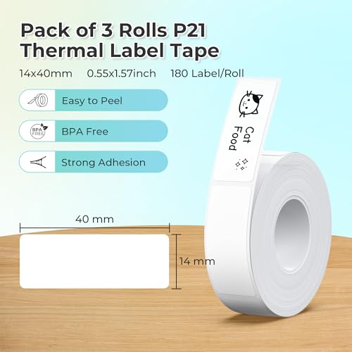 NELKO Original-Etikettierband für P21, angepasstes Etikettendruckpapier, 14 x 40 mm, Standard-Laminierungsersatz für Büro, Mehrzweck, P21, 180 Etiketten/Rolle, 3 Rollen, weiß