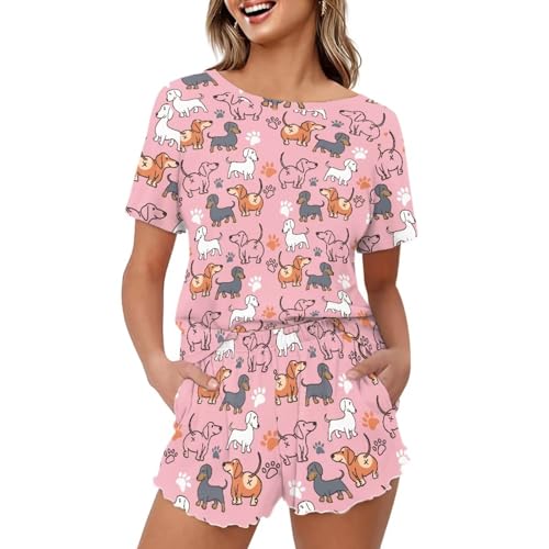 SEVEBJ Pyjama-Set für Damen, kurzärmelig, Nachtwäsche, 2-teiliges Pyjama-Set mit Taschen, Dackel Hund, M