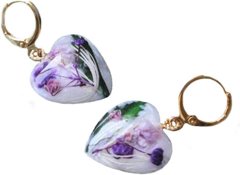 Real Dried Pressed Flower Resin Heart Dangle Leverback Earrings for women Handmade by Alliumbliss