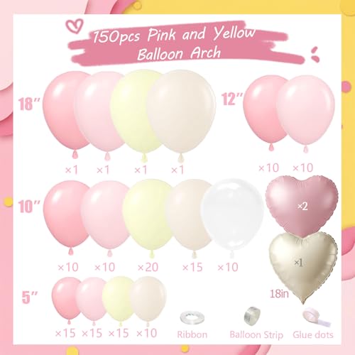 Image of Pink and Yellow Balloon Arch Kit,150Pcs Pastel Pink Light Pink Yellow Sand White Balloons for Baby Shower Bridal Shower Wedding Bee Bear Themed Birthday Party Decorations