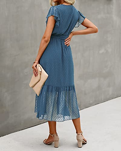 Btfbm Women Summer Bohemian Floral Casual Wrap V Neck Ruffle Cap Sleeveless Belt A-Line Pleated Hem Swing Midi Sun Dress (Swiss Dot Grey Blue, S) #TOP4