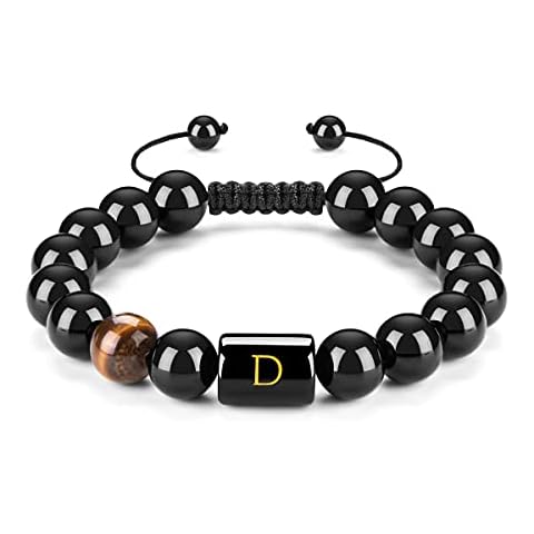 FRG Initials Bracelets for Men Letter Link Handmade Natural Black Onyx Tiger Eye Stone Beads Braided Rope Meaningful Bracelet Cover
