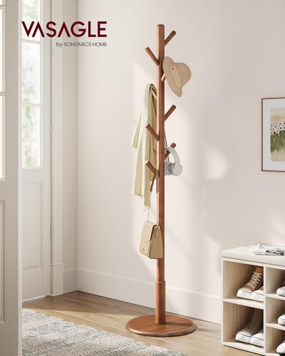 image for VASAGLE Solid Wood Coat Rack, Free Standing Hall Coat Tree with 8 Hook