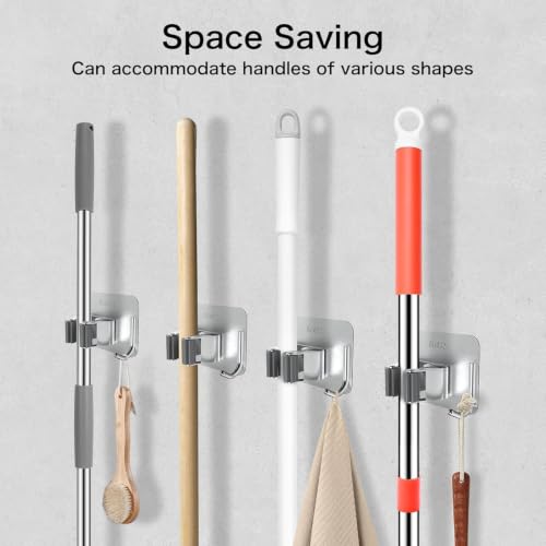 Image of Kmils Self Adhesive Mop Holder Wall Mount, Stainless Steel Broom Holder with Hook, No Drill Wall Organizer for Mop, Broom, Bathroom, Kitchen & Laundry Room (Silver, Pack of 4)