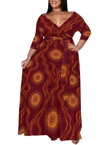Image of PinkPatty Women's Plus Size Maxi Dress Print 3 /4 Sleeves V Neck Party Sundress Wedding Guest Dresses