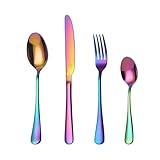 Mr.Spoon Juego de 24 Piezas Cubiertos Acero Inoxidable,18/0, Arcoíris brillo Colores Cuberteria Servir para 6 Personas Cuberterías Incluye Cuchillo/Tenedor/Cuchara.Para Casa, Hotel, Restaurante