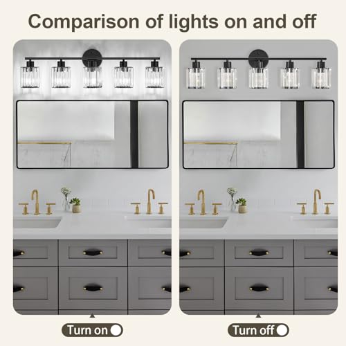 Image of Modern Black Crystal Bathroom Light Fixtures,5-Light | Bathroom Lighting Fixtures over Mirror,Vanity Lights for Mirror, Restroom(Ceramic E26 Socket,Bulbs Not Include)
